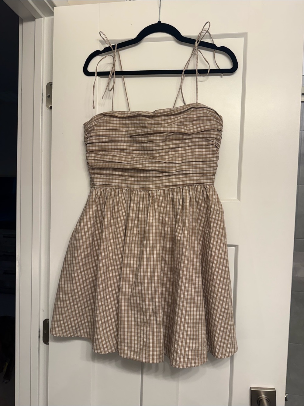 Abercrombie & Fitch Beige Plaid Tie-Shoulder Mini Dress